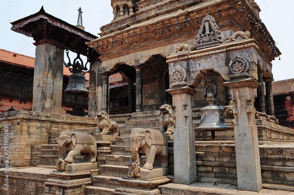 Carved ornament on wooden parts of buildings in the capital of Nepal.