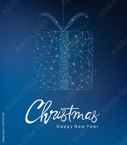Merry christmas and happy new year greeting card banner with innovative style gift box. Connected dots. Blue background