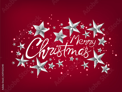 Merry christmas greeting card with silver stars, handwritten text and sparkle...