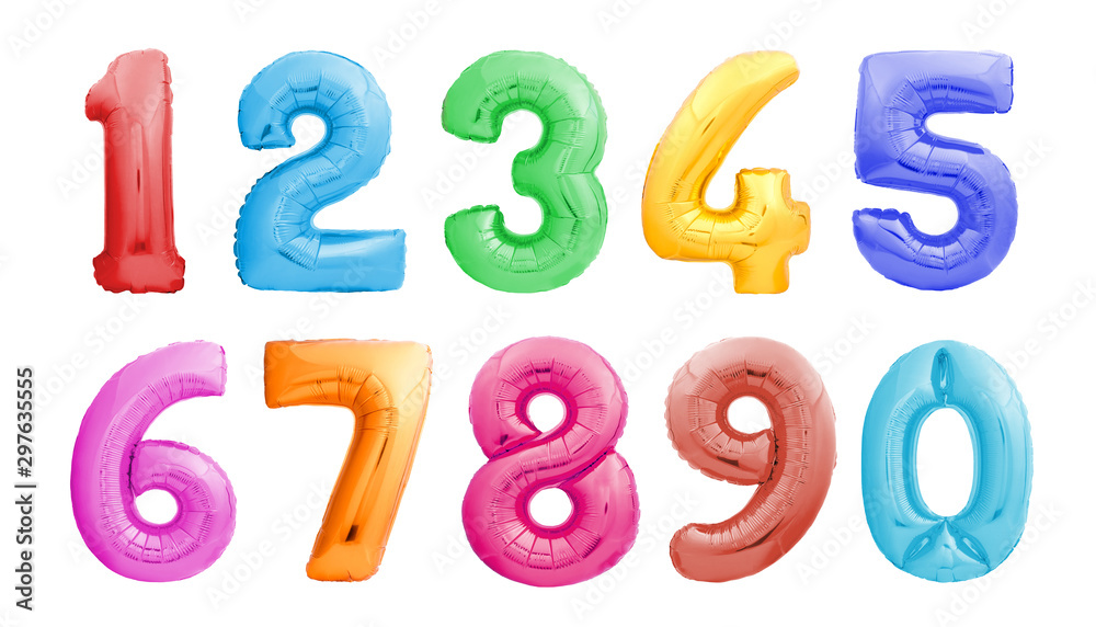 Colorful numbers from one 1 to zero 0 made of inflatable balloons isolated on white background. Colorful helium balloons forming full number set from 1 to 0 Colorful numbers from one 1 to zero 0 made of inflatable balloons isolated on white background. Colorful helium balloons forming full number set from 1 to 0