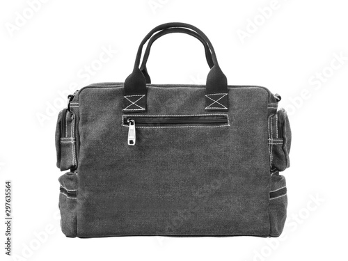 Black fabric stylish fashion mens handbag isolated on white background