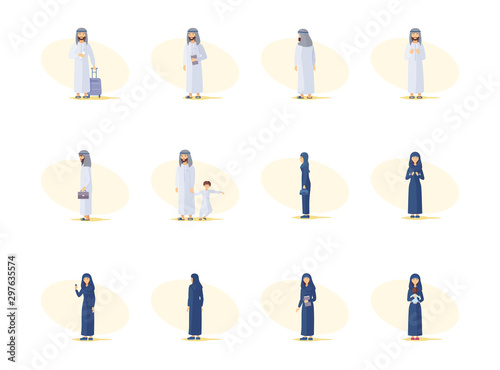 Set arabian characters of man. Arab residents in traditional clothes, in various poses. Muslim husband, wife in an islamic headscarf traditional arabic clothing. Cartoon vector isolated.