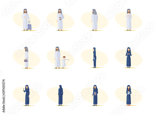 Set arabian characters of man. Arab residents in traditional clothes  in various poses. Muslim husband  wife in an islamic headscarf traditional arabic clothing. Cartoon vector isolated.