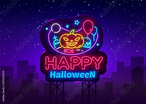 Happy Halloween neon sign design template. Halloween neon icon, light banner design element colorful modern design trend, night bright advertising, bright sign. Vector illustration. Billboards