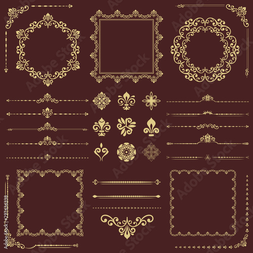 Vintage set of vector horizontal, square and round golden elements. Different elements for backgrounds, frames and monograms. Classic patterns. Set of vintage patterns