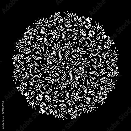 Zentangle mandala, page for adult colouring book, vector design element. Ornamental round white doodle flower, leaves isolated on black background.