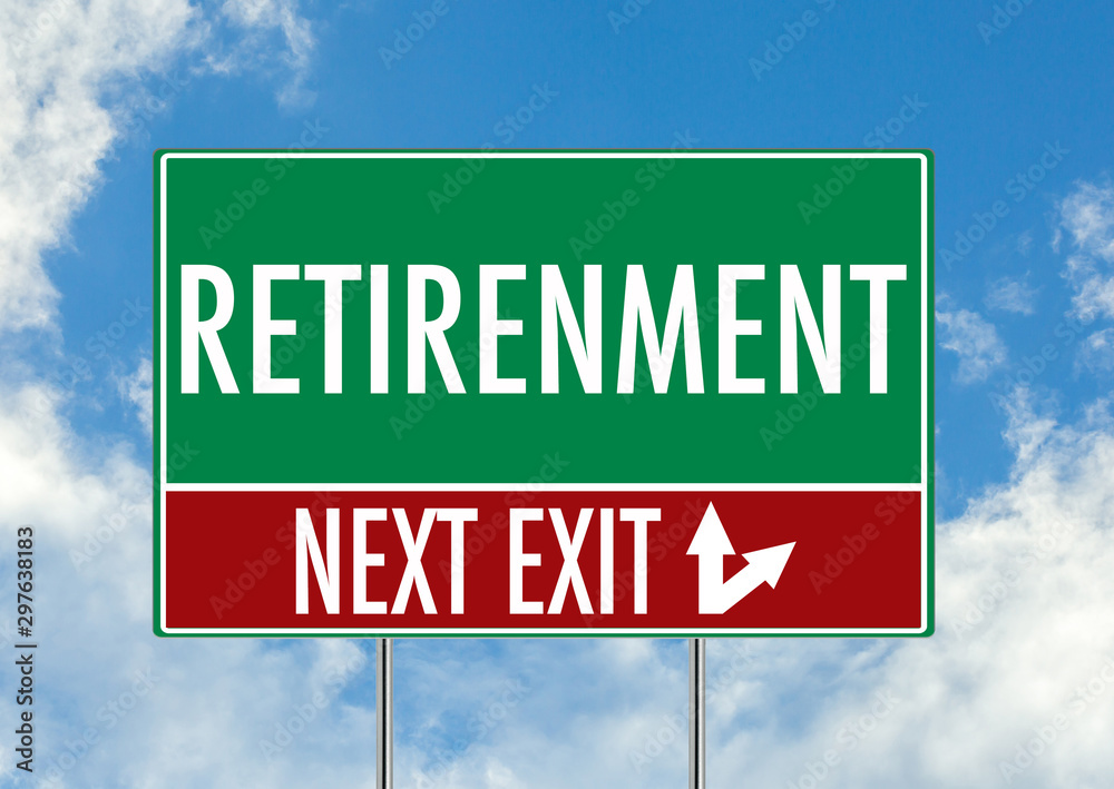Next exit for retirenment green road sign over blue sky background. Concept road sign collection. Next exit for retirenment green road sign over blue sky background. Concept road sign collection.