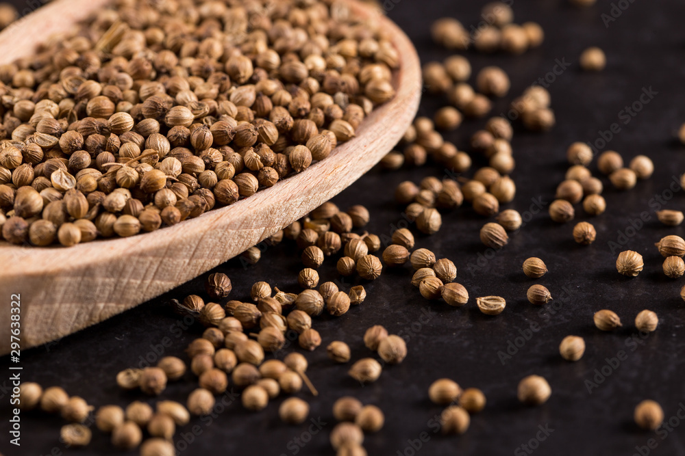 Coriander grains in a wooden spoon are scattered on a black background. Concept, copy space. Coriander grains in a wooden spoon are scattered on a black background. Concept, copy space.