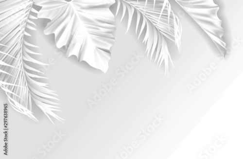 Tropical paper palm, monstera leaves frame. Summer tropical leaf. Origami exotic hawaiian jungle, summertime background. Paper cut style. White color 