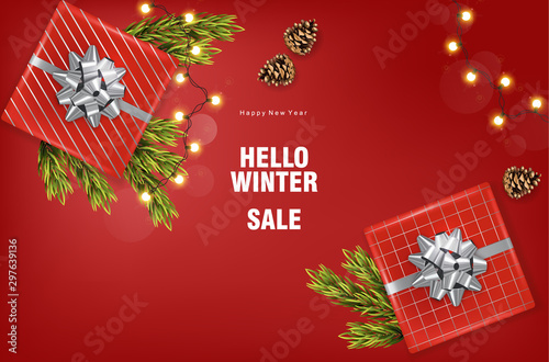 Merry christmas sale banner with silver ribbon gift box, fairy lights, conife...