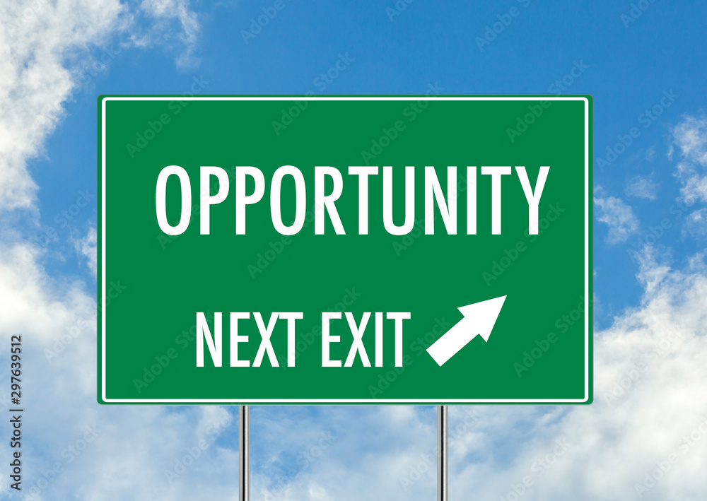 Next exit for Opportunity green road sign over blue sky background. Concept road sign collection. Next exit for Opportunity green road sign over blue sky background. Concept road sign collection.