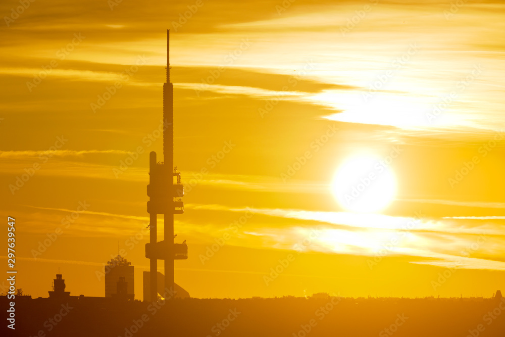  Zizkov television tower at sunrise, Lesser Town (UNESCO), Prague, Czech republic