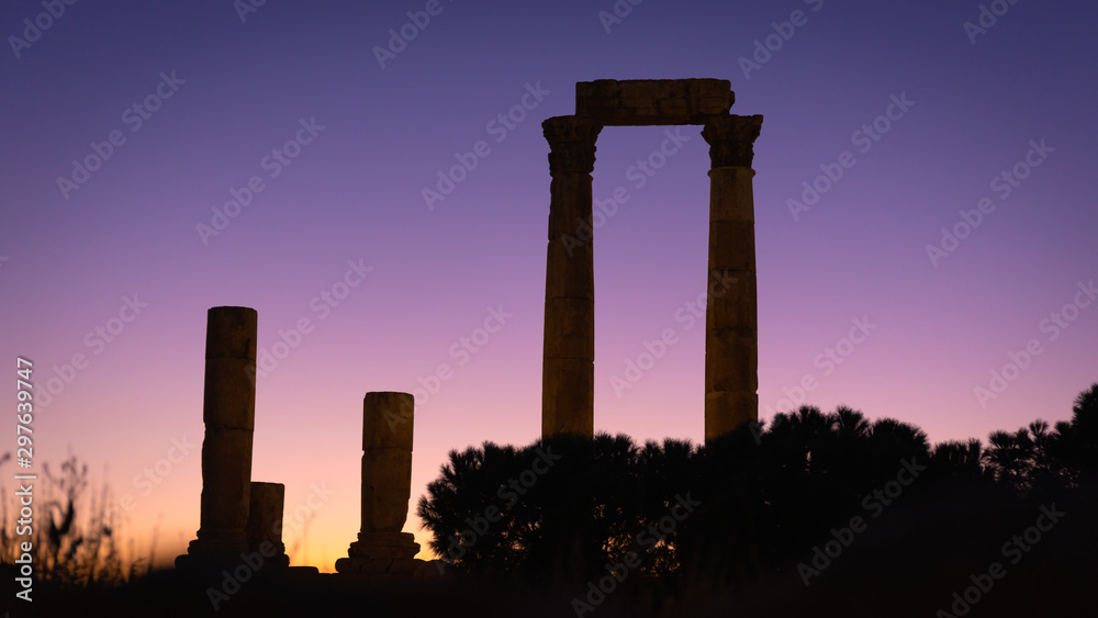 Silhouette of the Temple of Hercules at dusk, Amman Citadel, Amman, Jordan