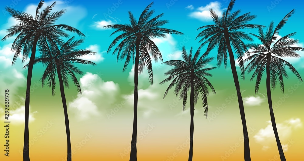 Sunset Beach with palm trees and beautiful sky landscape. Travel, Tourism, vacation concept background. Mexico. Paradise scene of Caribbean Island. Beautiful coconut palms silhouettes over orange sun