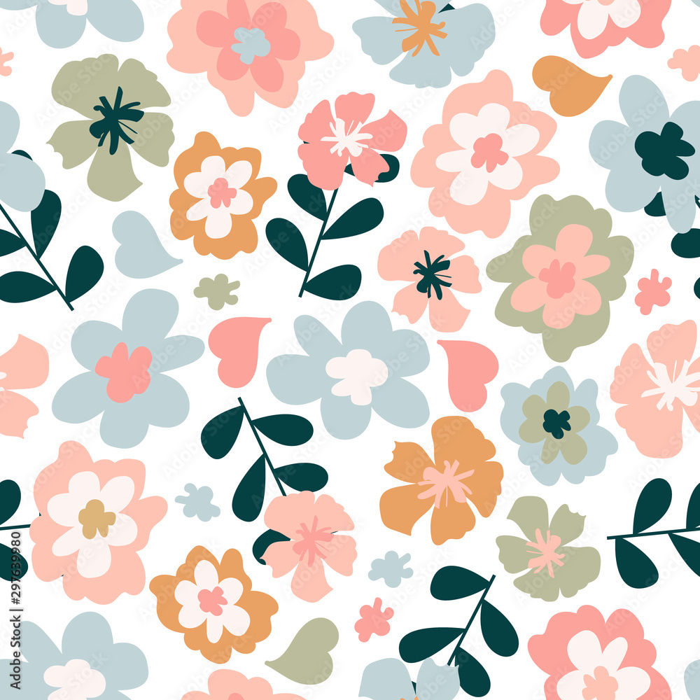 Seamless pattern with colorful pretty flowers, leaves and floral elements. Floral colorful design for baby products, fabric, wallpaper and more