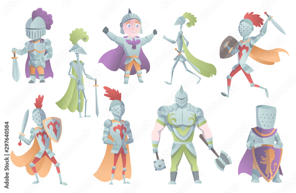 Fototapeta premium Medieval Knights In Full Armor Set Of Flat Illustrations. The comic caricature. Funny Cartoon Knights.