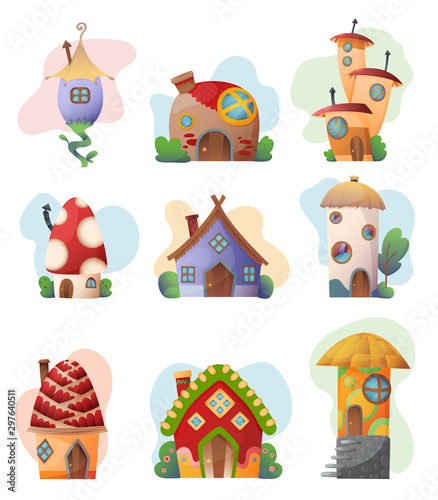 Fantasy house set vector cartoon fairy treehouse and housing village illustration set of kids fairytale playhouse isolated on white background.