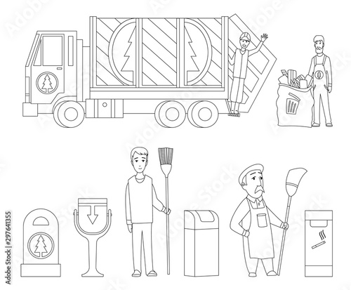 Garbage collection coloring book page. Garbage truck, garbage man in uniform waste bag recycle bin. Waste management concept illustration.