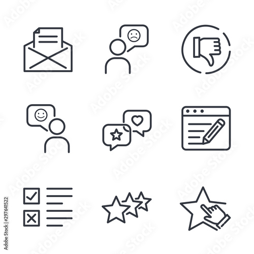 Icons Set of Survey Related Vector Simple Line. Management line icon. Startup strategy and Employees linear symbol. Customer Opinion, Web Survey and more, Startup and Teamwork symbols