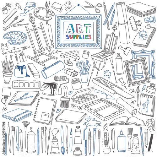 Arts supplies doodle set. Drawing, painting, and design equipment, materials and tools.
