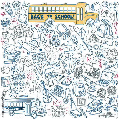Back to school doodles set. Teenagers stuff and equipment. Vector drawing isolated on white background