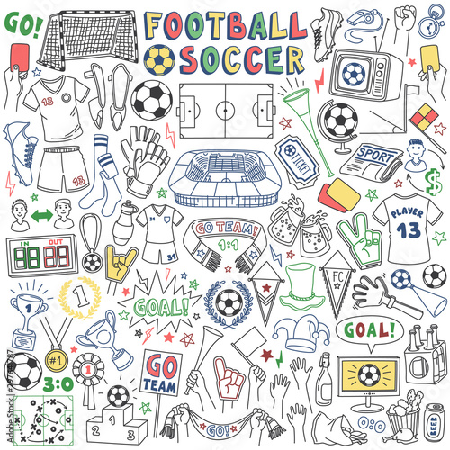 Football or soccer doodle set. Vector drawing isolated on white background