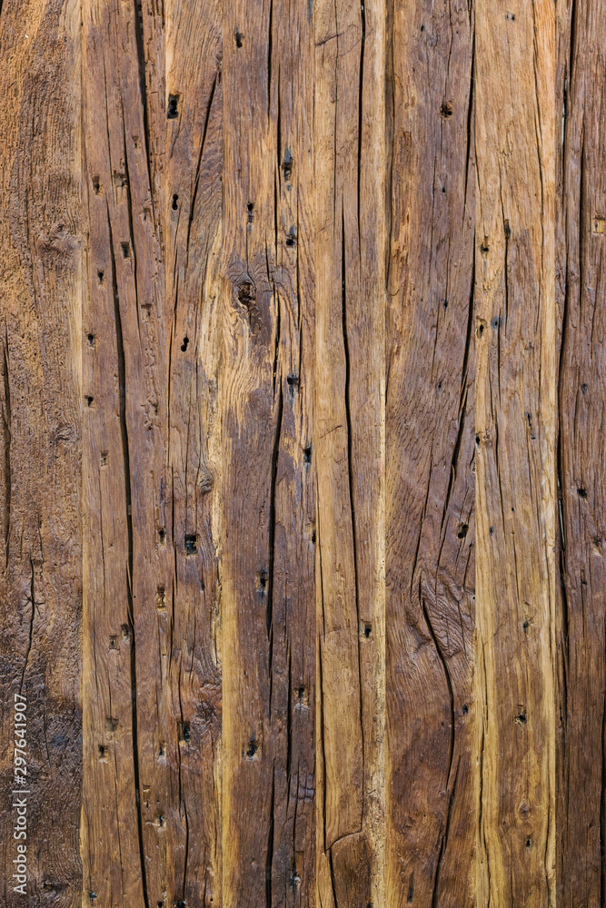 Texture of aged wood, boards, dark color. With cracks and scuffs Texture of aged wood, boards, dark color. With cracks and scuffs