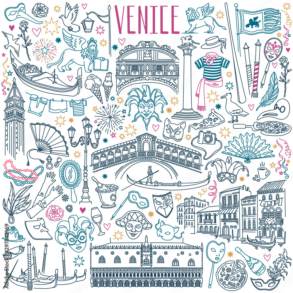 Venice doodle set. Venetian carnival masks, landmarks, italian cuisine and gondolas. Vector drawing isolated on white background