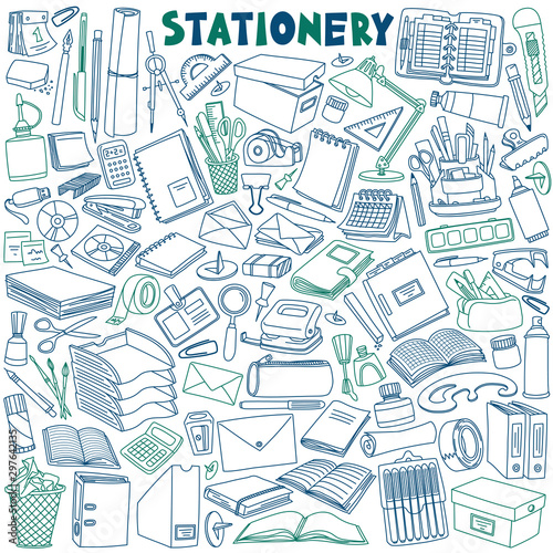 Stationery doodles set. School and office supplies. Vector illustration isolated on white background