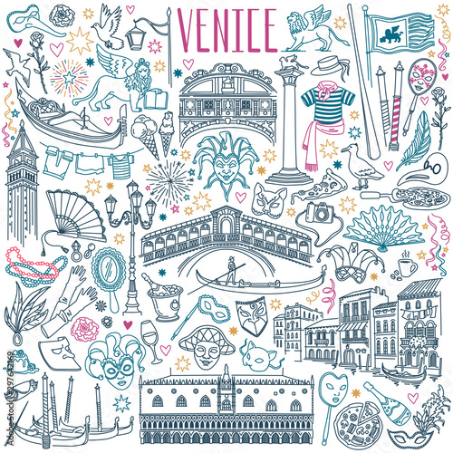 Venice doodle set. Venetian carnival masks, landmarks, italian cuisine and gondolas. Vector drawing isolated on white background photo