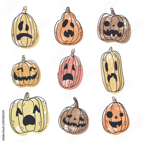 Set of spooky Halloween pumpkin faces. Hand drawn illustration