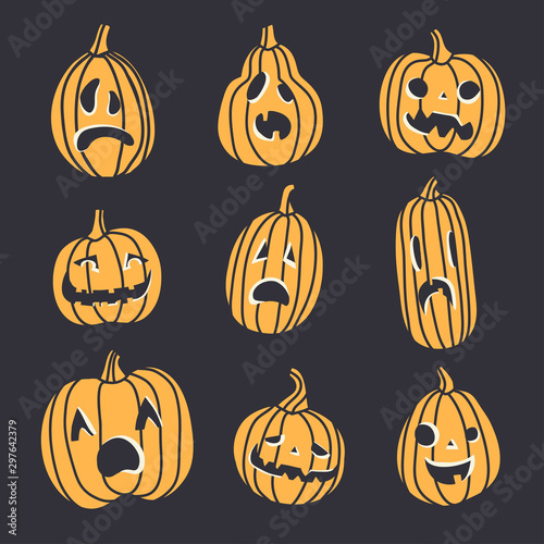 Set of spooky Halloween pumpkin faces. Different emotions