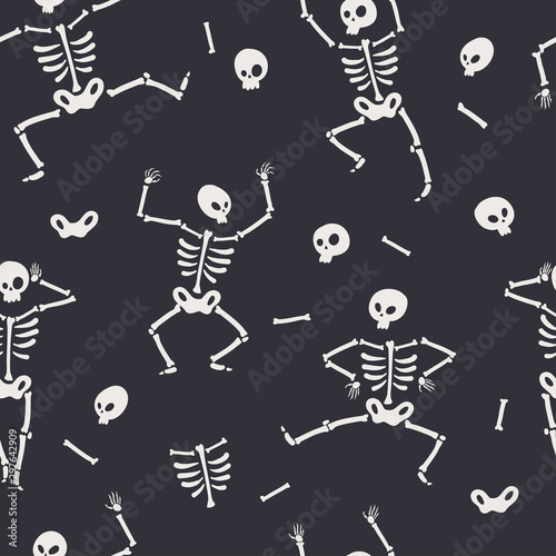 Seamless pattern with funny Halloween skeletons in different poses.