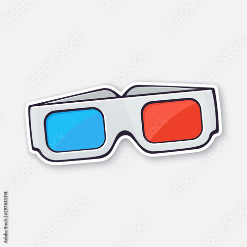 Vector illustration. Paper 3d glasses front view. Stereo retro glasses for three-dimensional cinema. Symbol of the film industry. Sticker with contour. Isolated on white background