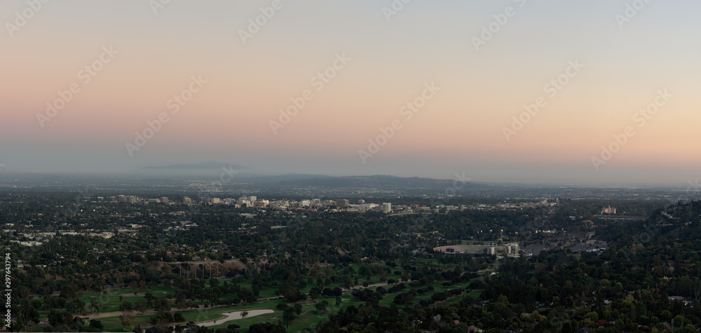 Panoramic image of the City of Pasadena including the Rose Bowl and the landmark Colorado Street Bridge.