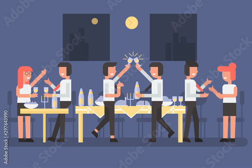 group of business people having dinner together, celebration holiday, thanksgiving. character cartoon flat vector illustration.