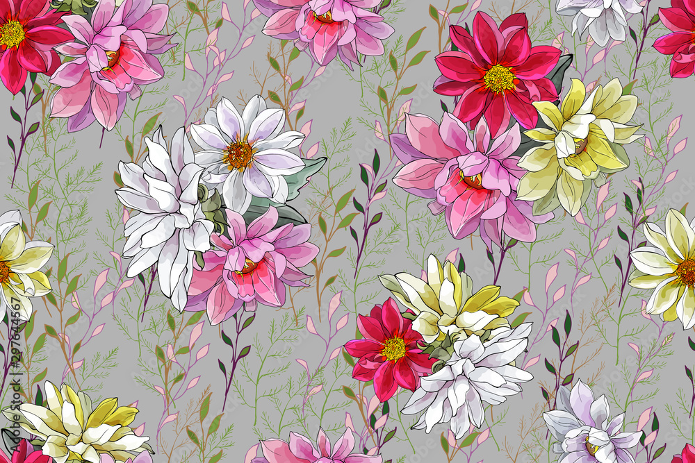 Beautiful Floral Seamless Pattern with Multi-colored Dahlias and Branch on Gray Background. For Textile, Wallpapers, Print, Greeting. Vector Illustration.