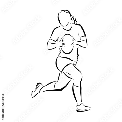 silhouette of rugby player girl sketch, contour vector illustration 