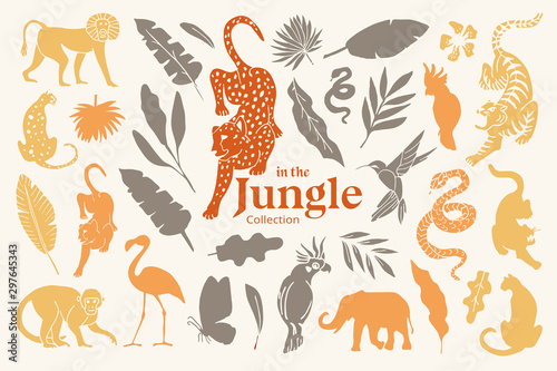 Fototapeta Naklejka Na Ścianę i Meble -  Set of hand drawn illustrations of jungle animals & plants