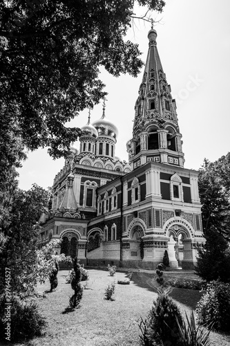 The Memorial Temple of the Birth of Christ (Shipka Memorial Church or Shipka Monastery). The first monument to the Bulgarian-Russian friendship in Bulgaria. Black and white.