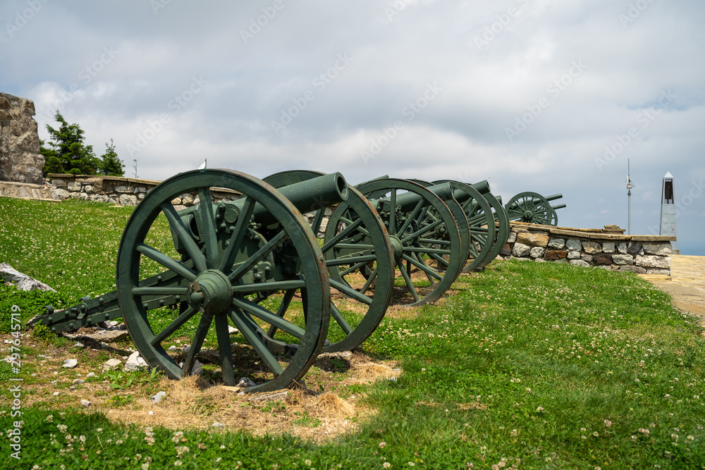 Old cannons on the place of Battle of Shipka Pass during Russian–Turkish Liberation war (1877–1878). Bulgaria. Focus in the center.