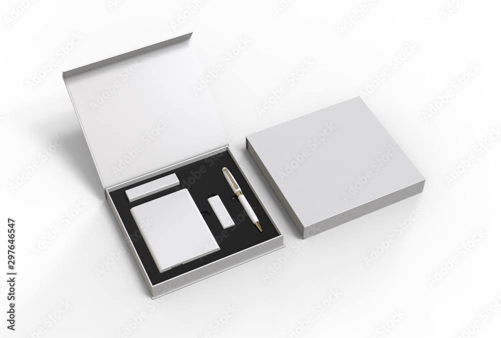 Tech gift set paper hard box for branding. 3d render illustration. Tech gift set paper hard box for branding. 3d render illustration.