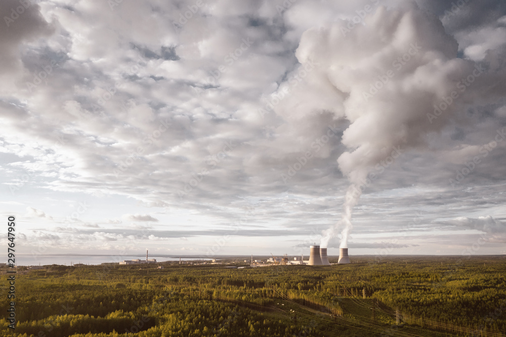 Aerial view from drone on cooling towers Aerial view from drone on cooling towers