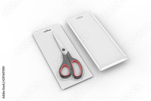 Blank Heat seal plastic scissors packaging for branding. 3d render illustration.