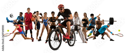Sport collage. Cycling  tennis  soccer  taekwondo  fitness  bodybuilding  fighter and basketball players