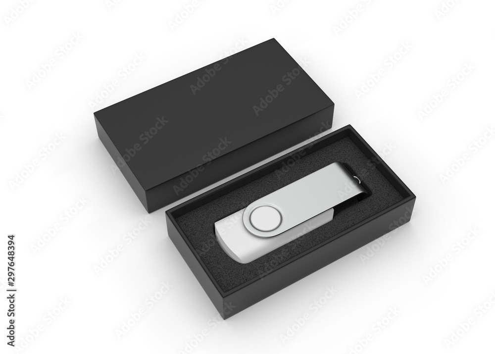 Blank pen drive with paper box packaging for promotional branding. 3d render illustration. Blank pen drive with paper box packaging for promotional branding. 3d render illustration.