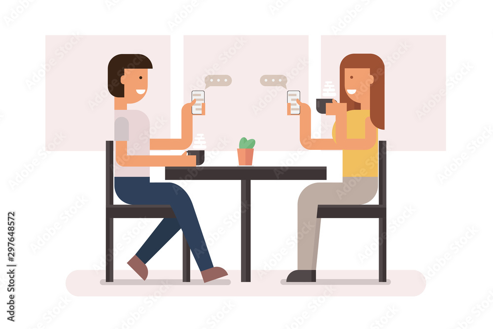 couple drinking coffee together and chatting in coffee shop. character cartoon flat vector illustration.