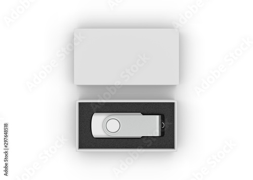 Blank pen drive with paper box packaging for promotional branding. 3d render illustration.