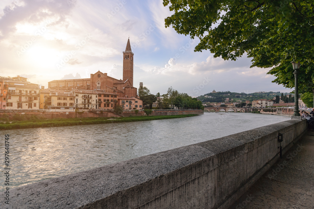 Panoramic view on the dige river in the evening in Verona