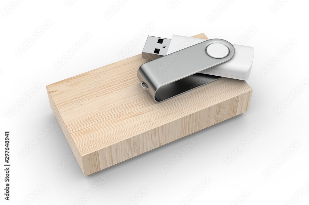 Blank pen drive with paper box packaging for promotional branding. 3d render illustration.